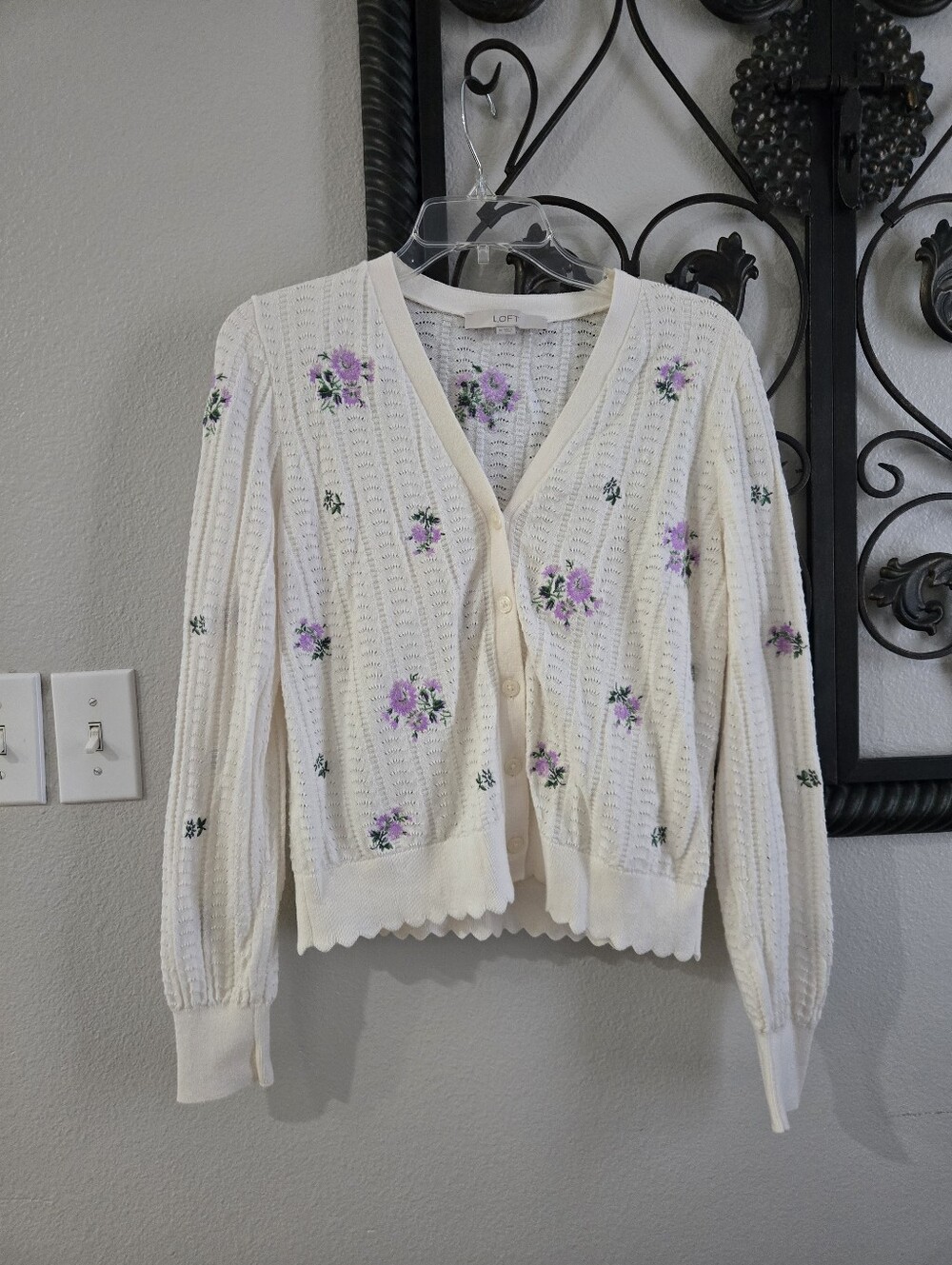 LOFT Cream Cardigan with Purple Floral Embroidery